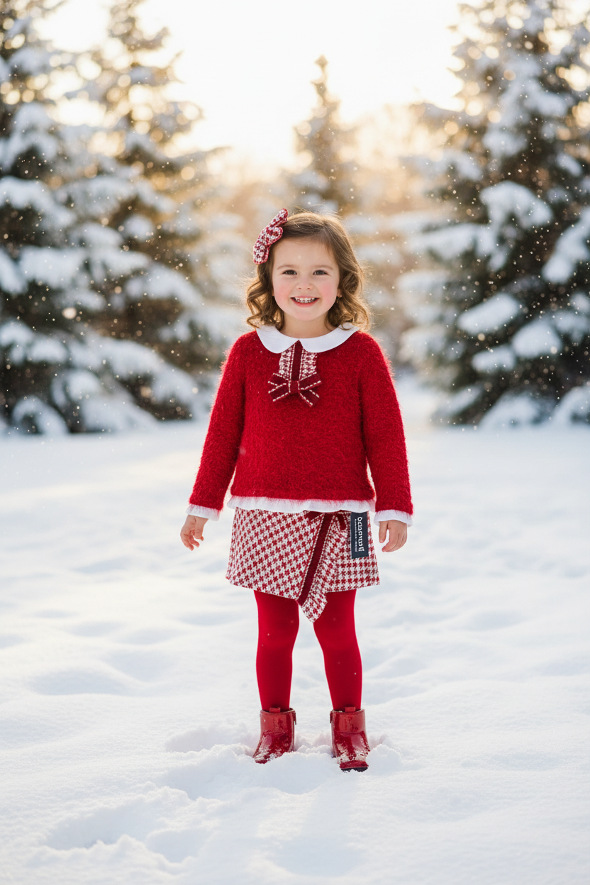 BASMARTI red outfit with wrap-over skirt in winter scene