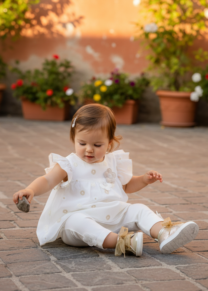 BIMBALO Girls Cream & Beige Floral Embroidered Leggings Set - 8080