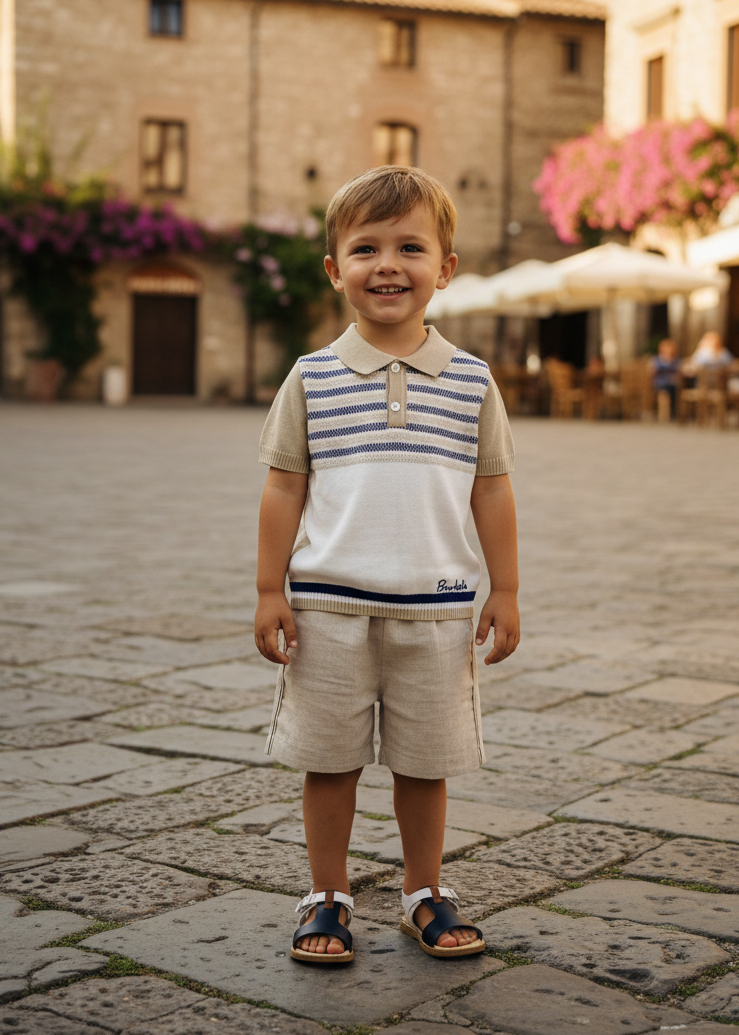 BIMBALO Boys Navy & Beige Knitted Top & Shorts 