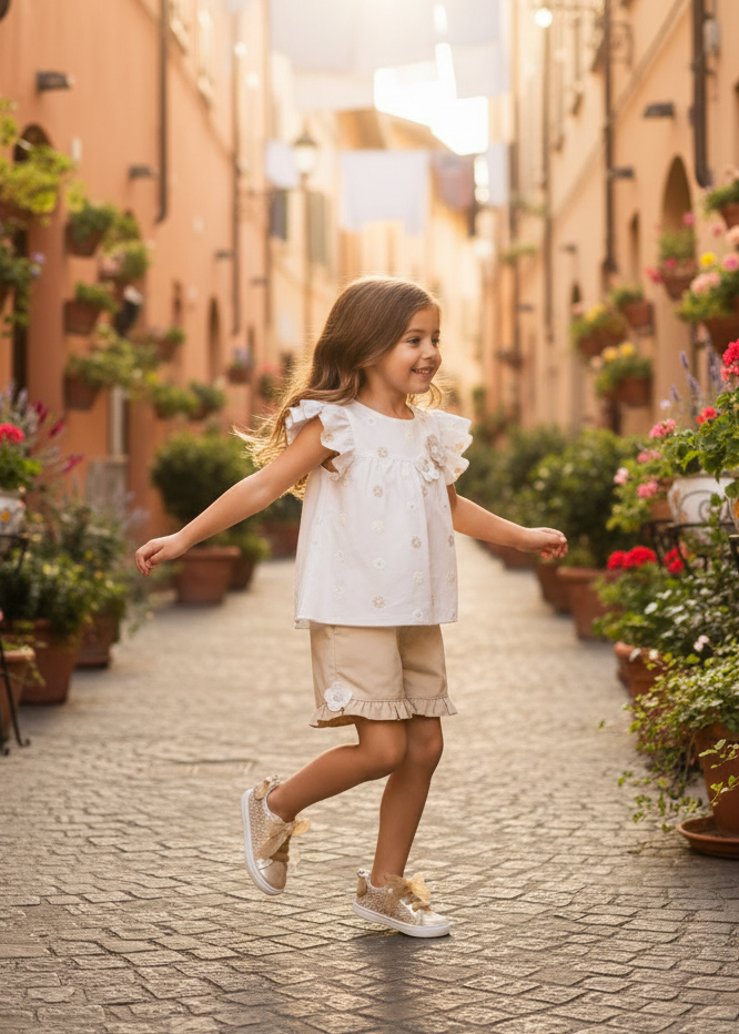BIMBALO Girls Cream & Beige Floral Embroidered Short Set - 8079