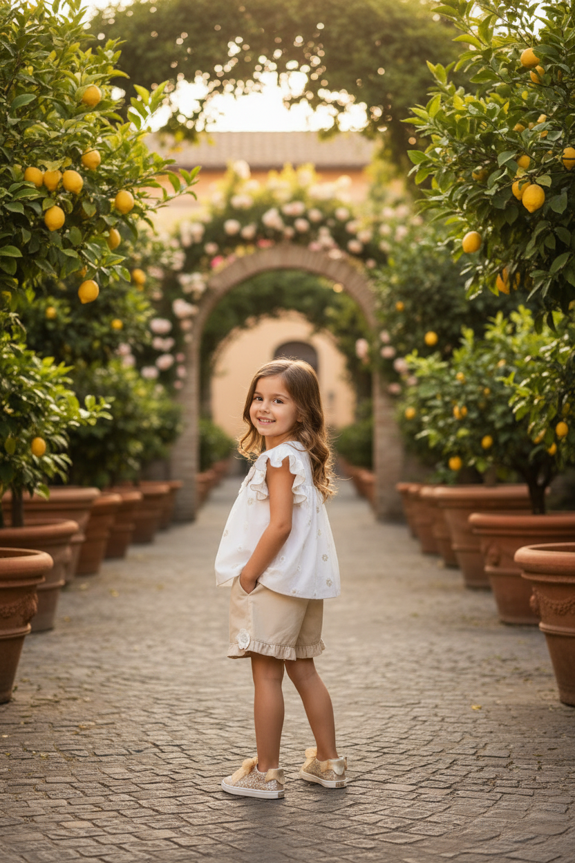 BIMBALO Girls Cream & Beige Floral Embroidered Short Set - 8079