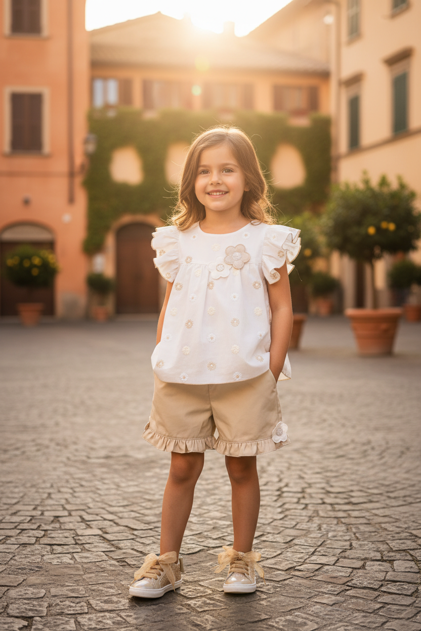 BIMBALO Girls Cream & Beige Floral Embroidered Short Set - 8079