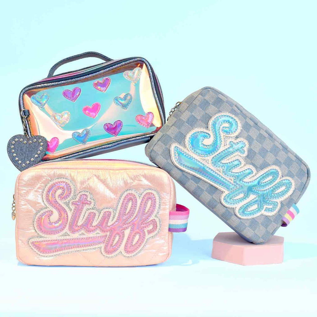 Back view of OMG Accessories denim glazed heart travel case