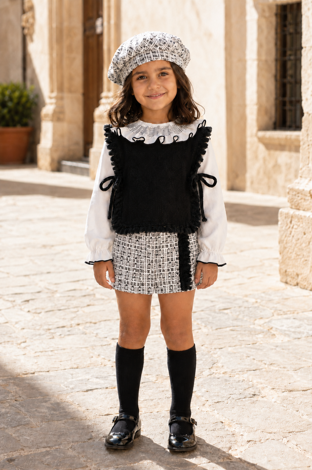 Front view of girl wearing the Calamaro Alisio black and white tweed skort set with beret