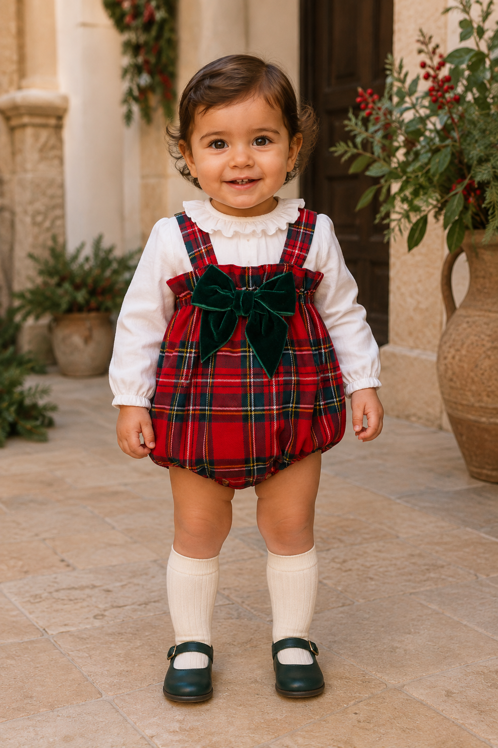 Calamaro Bidasoa baby girls red tartan romper styled over white blouse front view