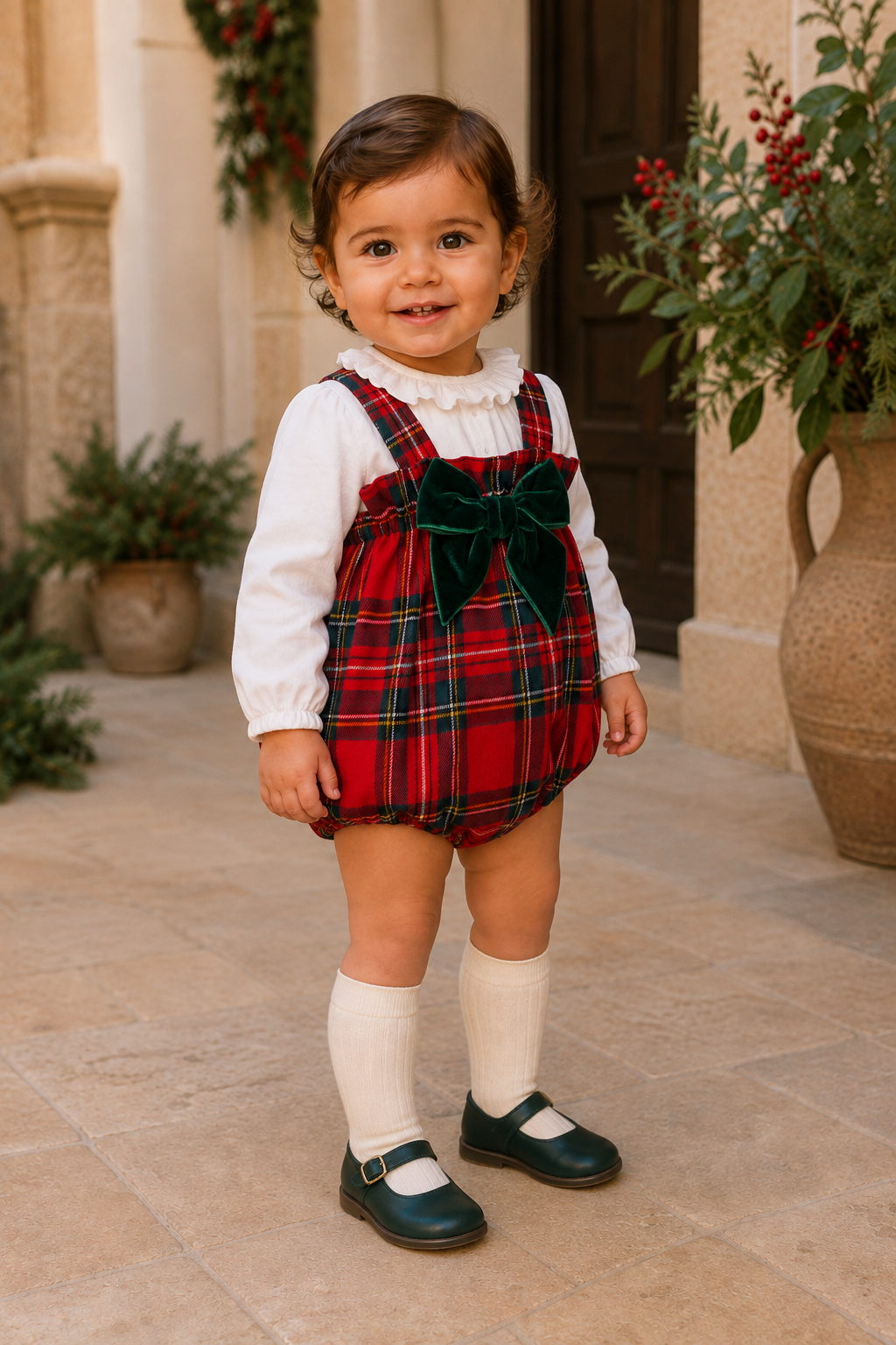 Calamaro Bidasoa baby girls tartan bubble romper with green velvet bow three-quarter view