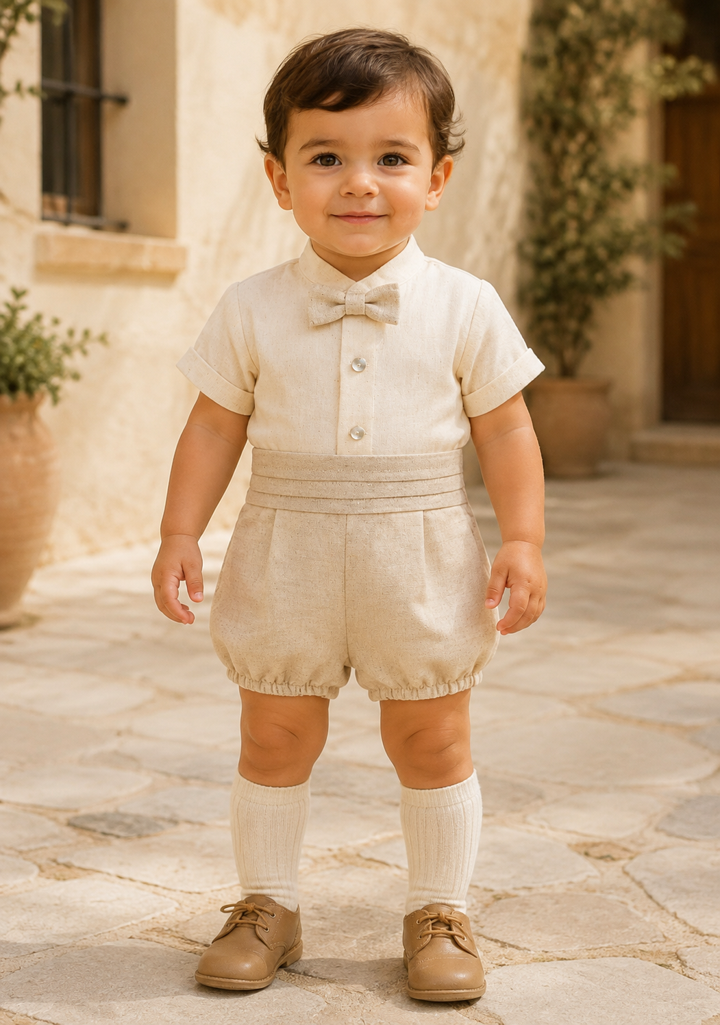 Calamaro Espirulina baby boys cream and beige linen romper front view