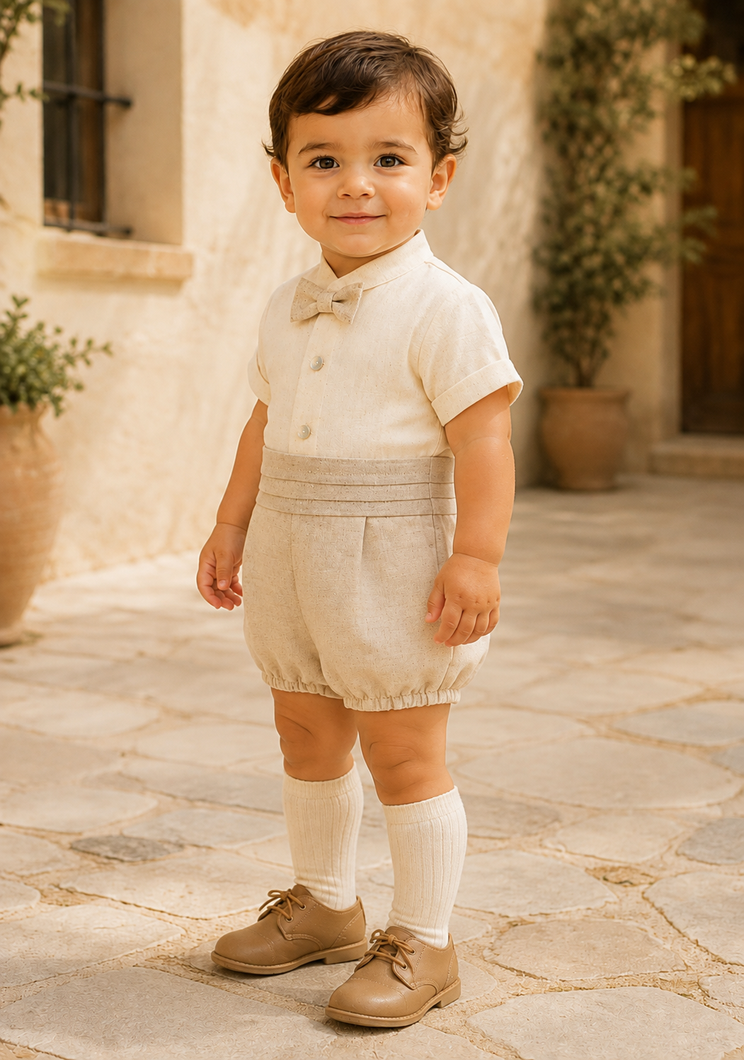 Calamaro Espirulina baby boys cream and beige bloomer romper three-quarter view