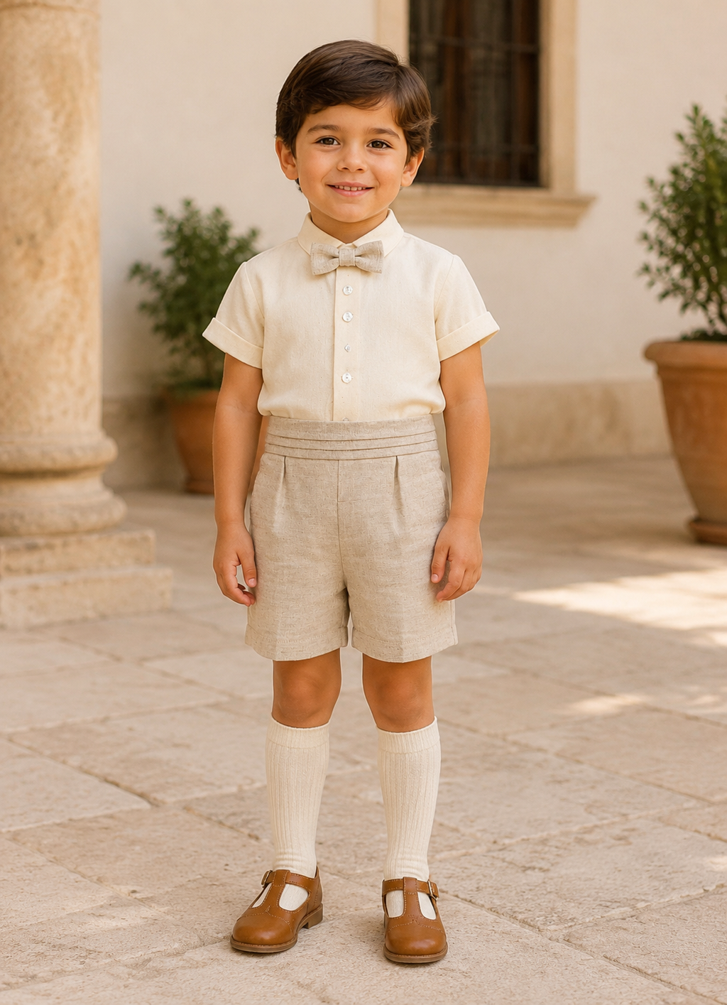 Calamaro Espirulina boys cream shirt and longer beige linen shorts set front view