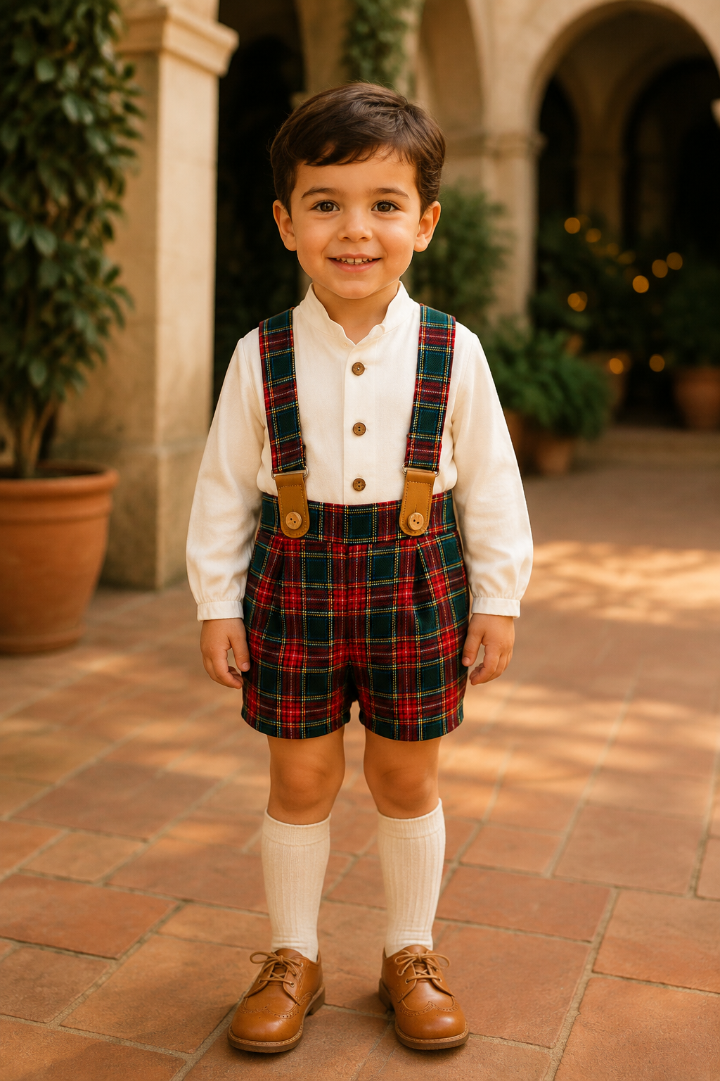 Boy wearing the Calamaro Galerna red and green tartan short set with braces, front view