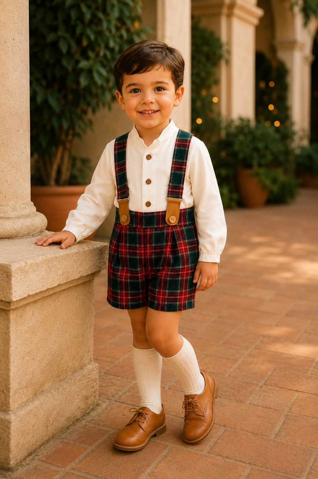 Boy wearing the Calamaro Galerna red and green tartan short set with braces, three-quarter view