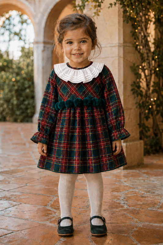 Calamaro Galerna green and red tartan dress on a girl, front view
