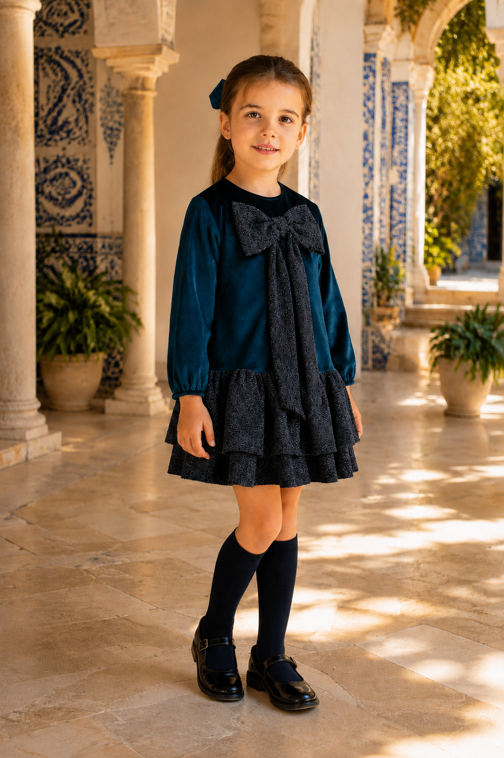 Three-quarter view of girl wearing the CALAMARO Halny navy velvet and shimmer party dress