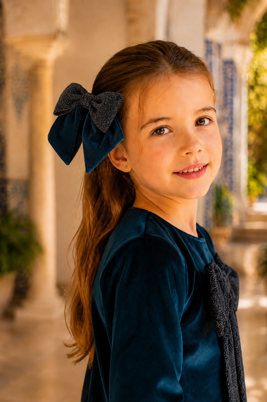 Girl wearing the CALAMARO Halny layered navy velvet and shimmer hair bow