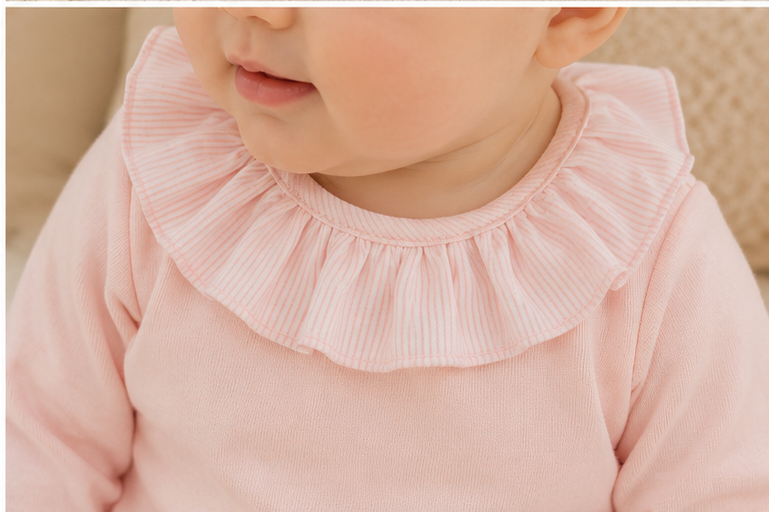 Calamaro Lebeche pale pink baby outfit striped frill collar detail
