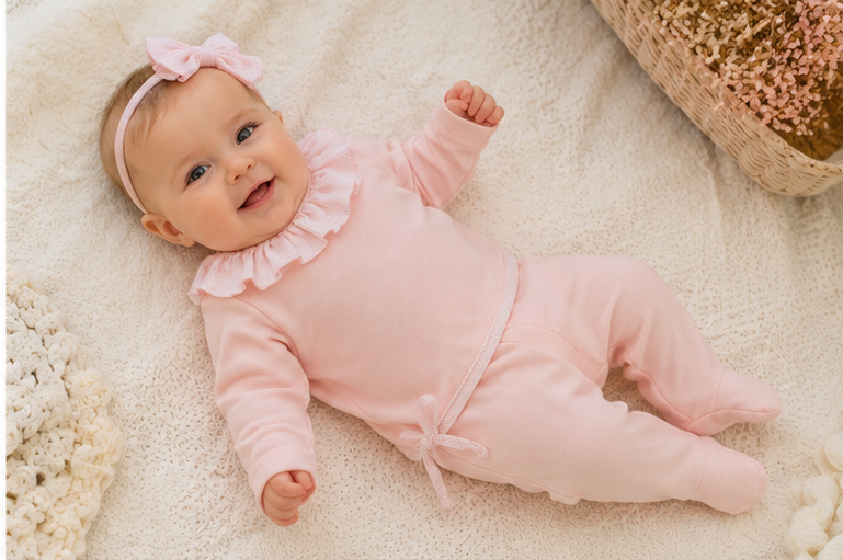 Baby girl wearing Calamaro Lebeche pale pink frill collar top and footed trousers