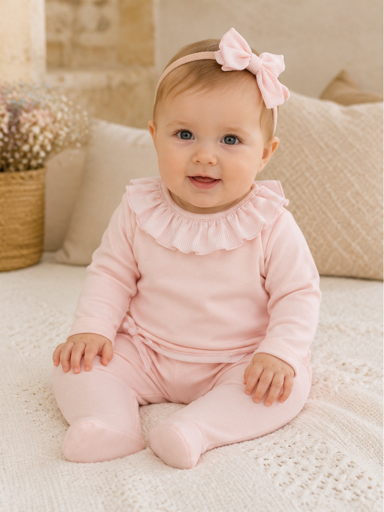 Calamaro Lebeche baby girls pale pink two piece set with striped frill collar
