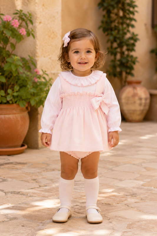 Calamaro Lebeche girls pink smocked dress, striped blouse and knickers set front view