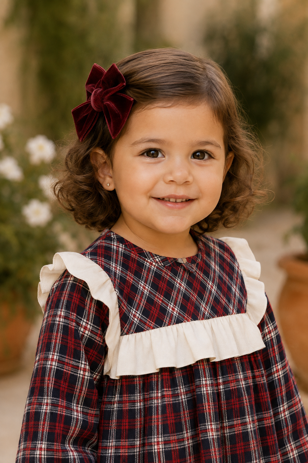 Girl wearing the Calamaro Monzon burgundy velvet hair bow with the matching tartan dress