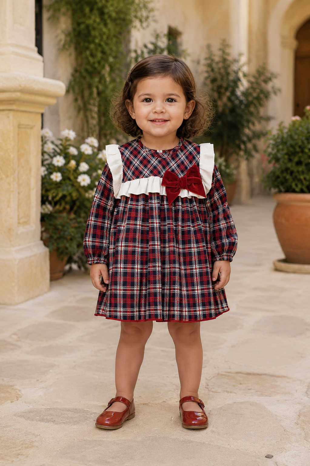 Girl wearing the Calamaro Monzon navy and red tartan dress, front view