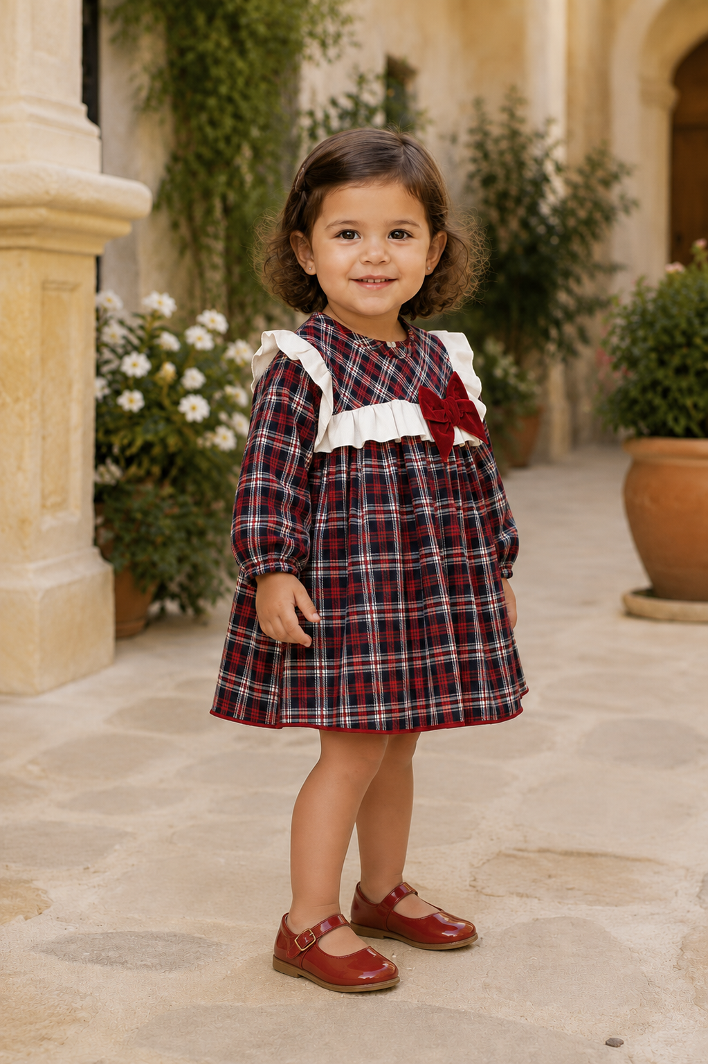 Girl wearing the Calamaro Monzon navy and red tartan dress, three-quarter view