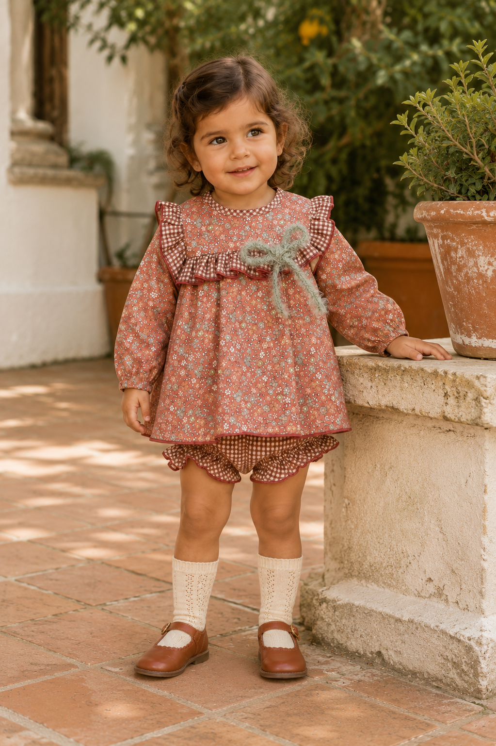 Calamaro Siroco terracotta floral toddler dress with matching gingham knickers
