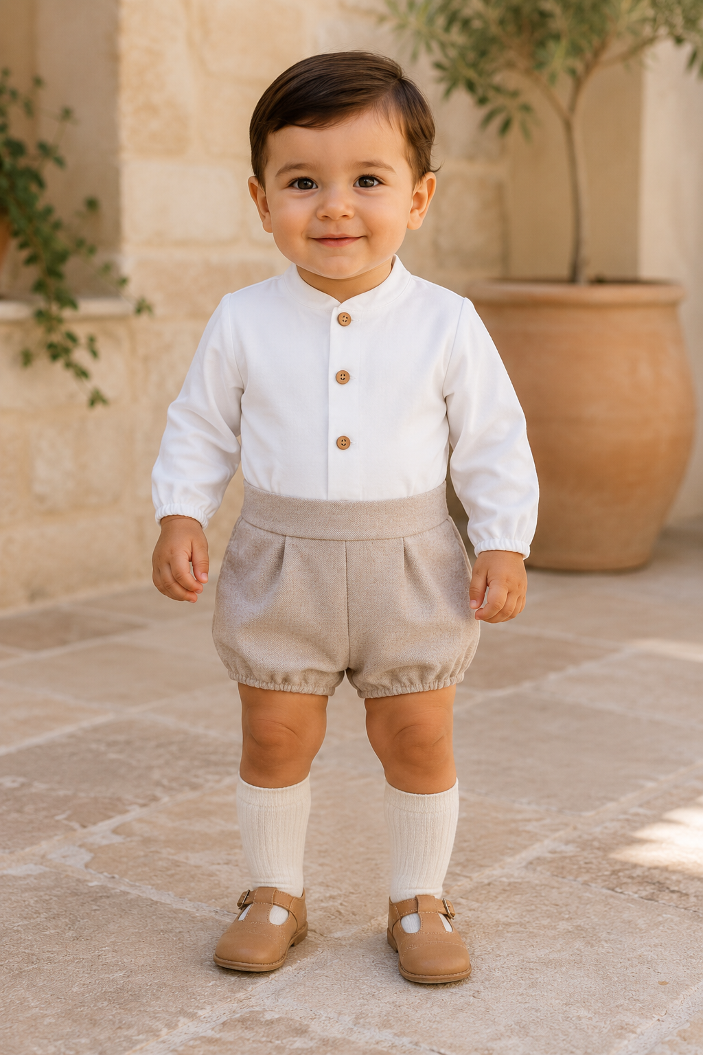 Calamaro Tajo baby boys white shirt-style and stone beige bloomer romper front view
