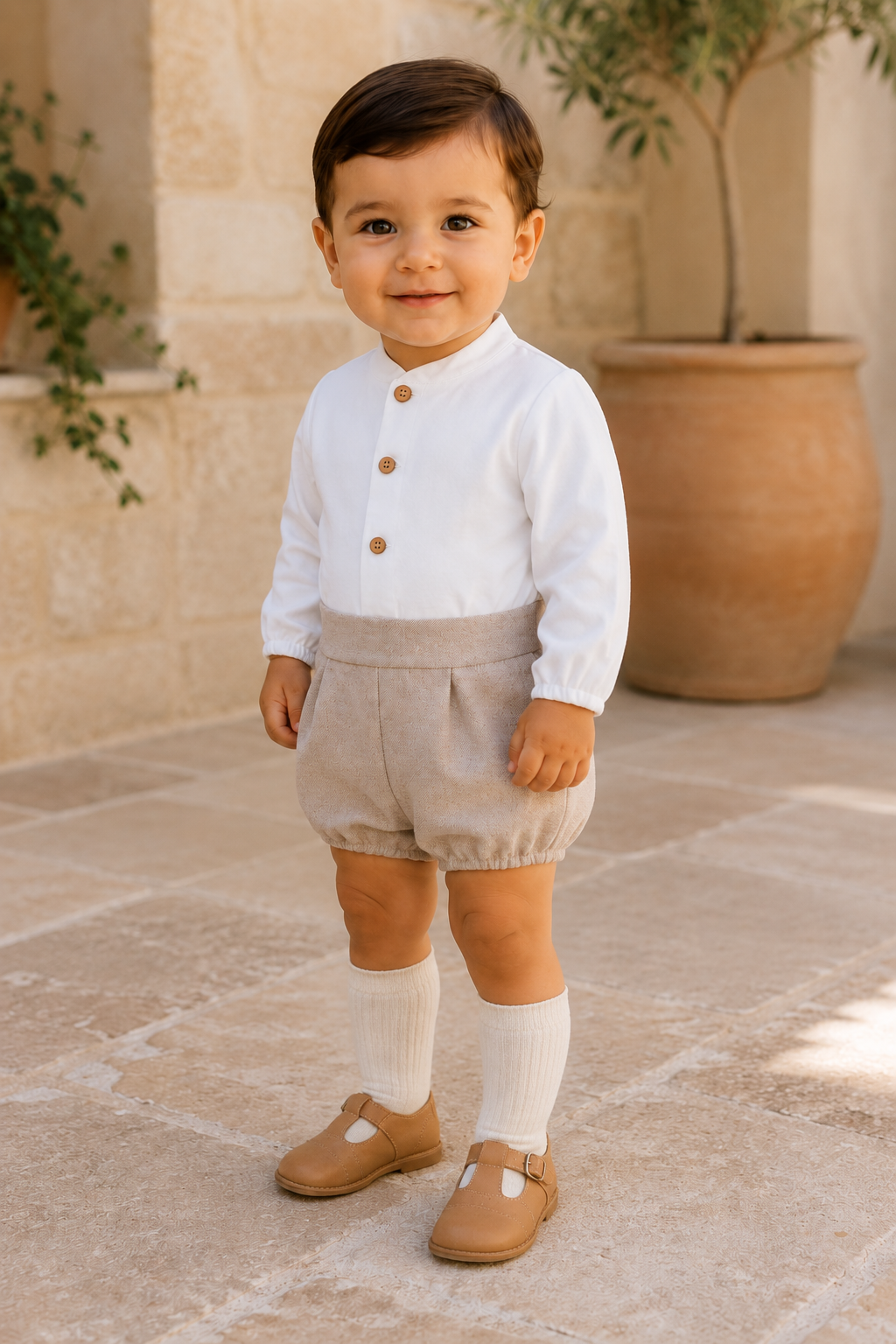 Calamaro Tajo baby boys white and stone beige one-piece romper three-quarter view