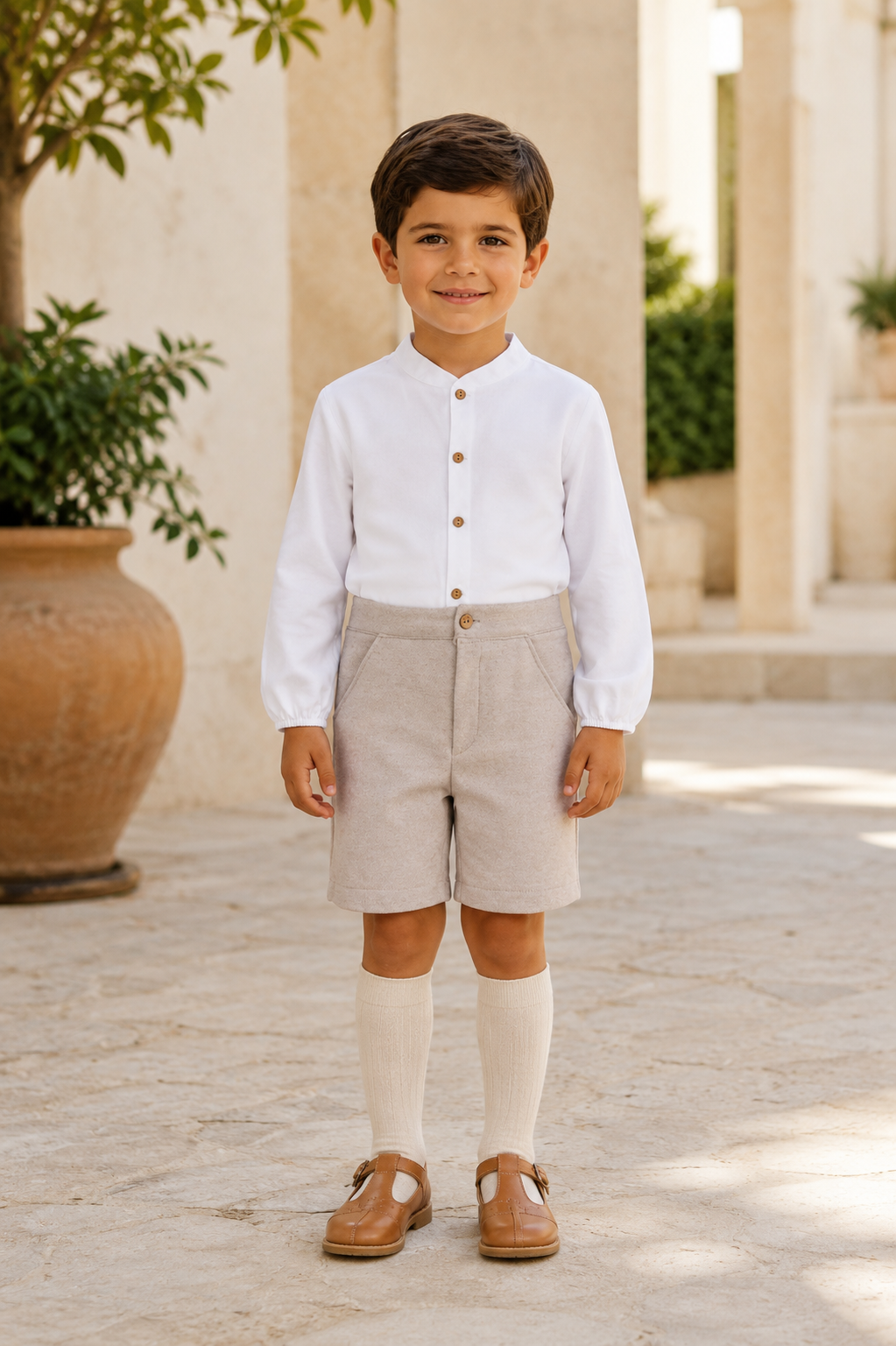 Calamaro Tajo boys white long-sleeve shirt and stone beige shorts set front view