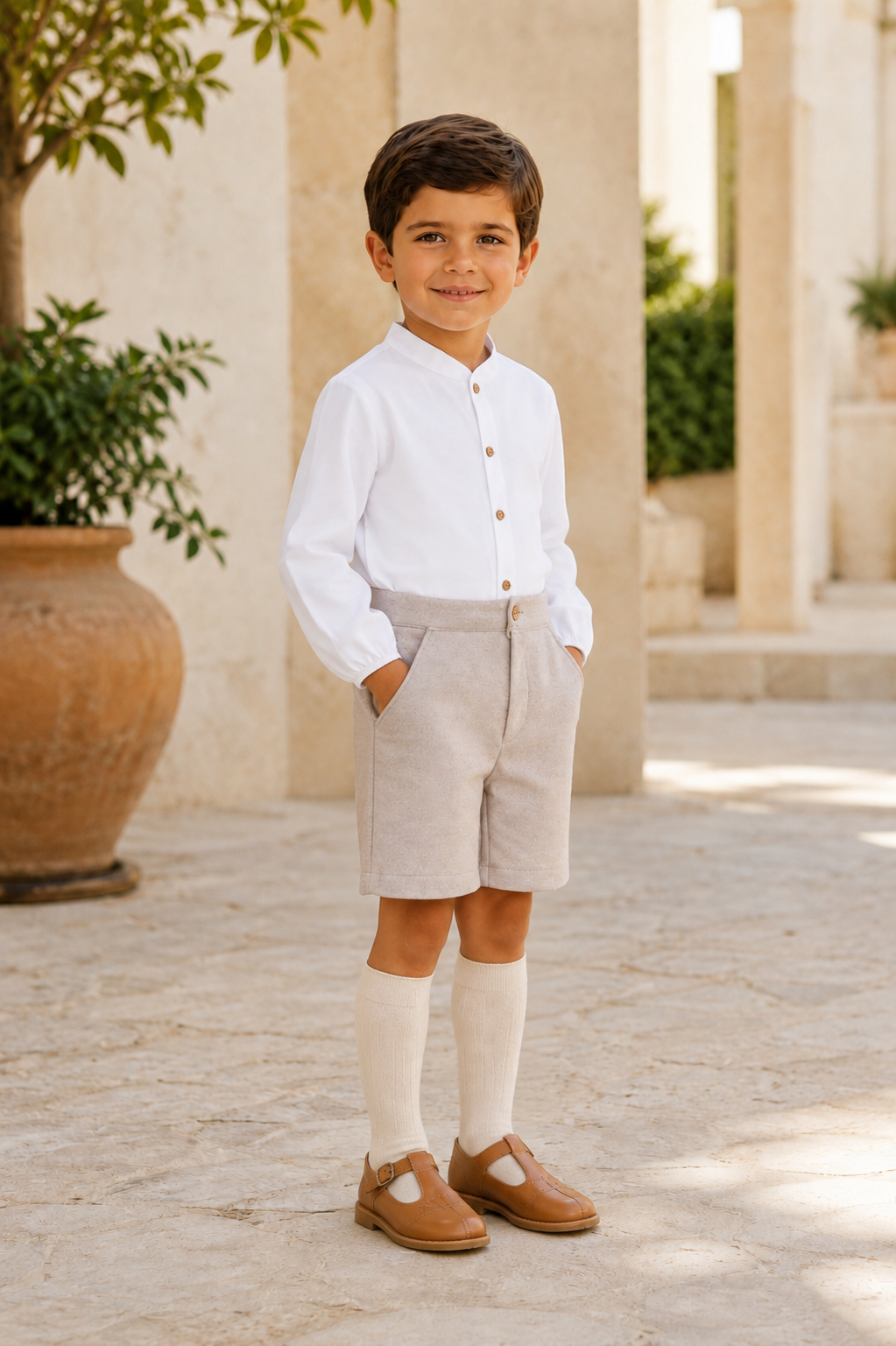 Calamaro Tajo boys tailored stone beige shorts set three-quarter view