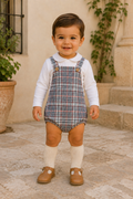 Calamaro Tietar boys navy and rust check romper worn over white Peter Pan collar vest