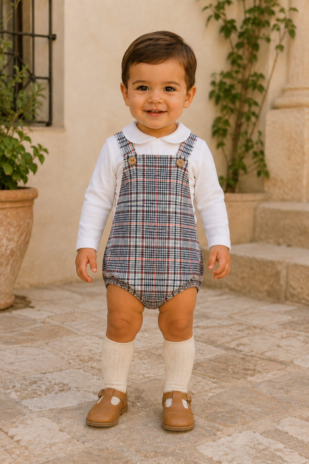 Calamaro Tietar boys navy and rust check romper worn over white Peter Pan collar vest