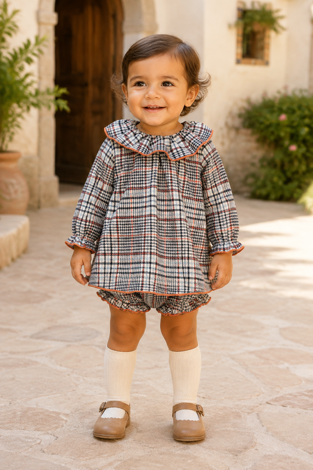 Calamaro Tietar baby navy and rust check dress and knickers front view