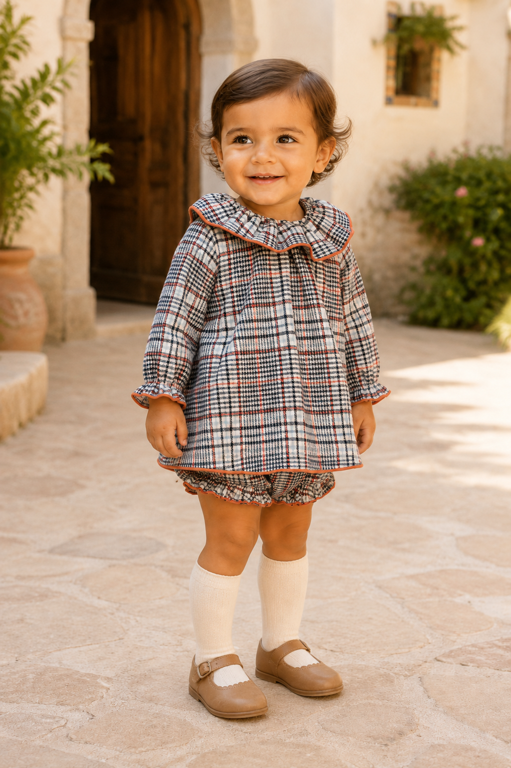 Calamaro Tietar baby check dress and matching knickers three-quarter view