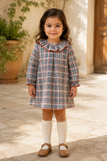 Calamaro Tietar girls navy blue and rust check A-line dress front view