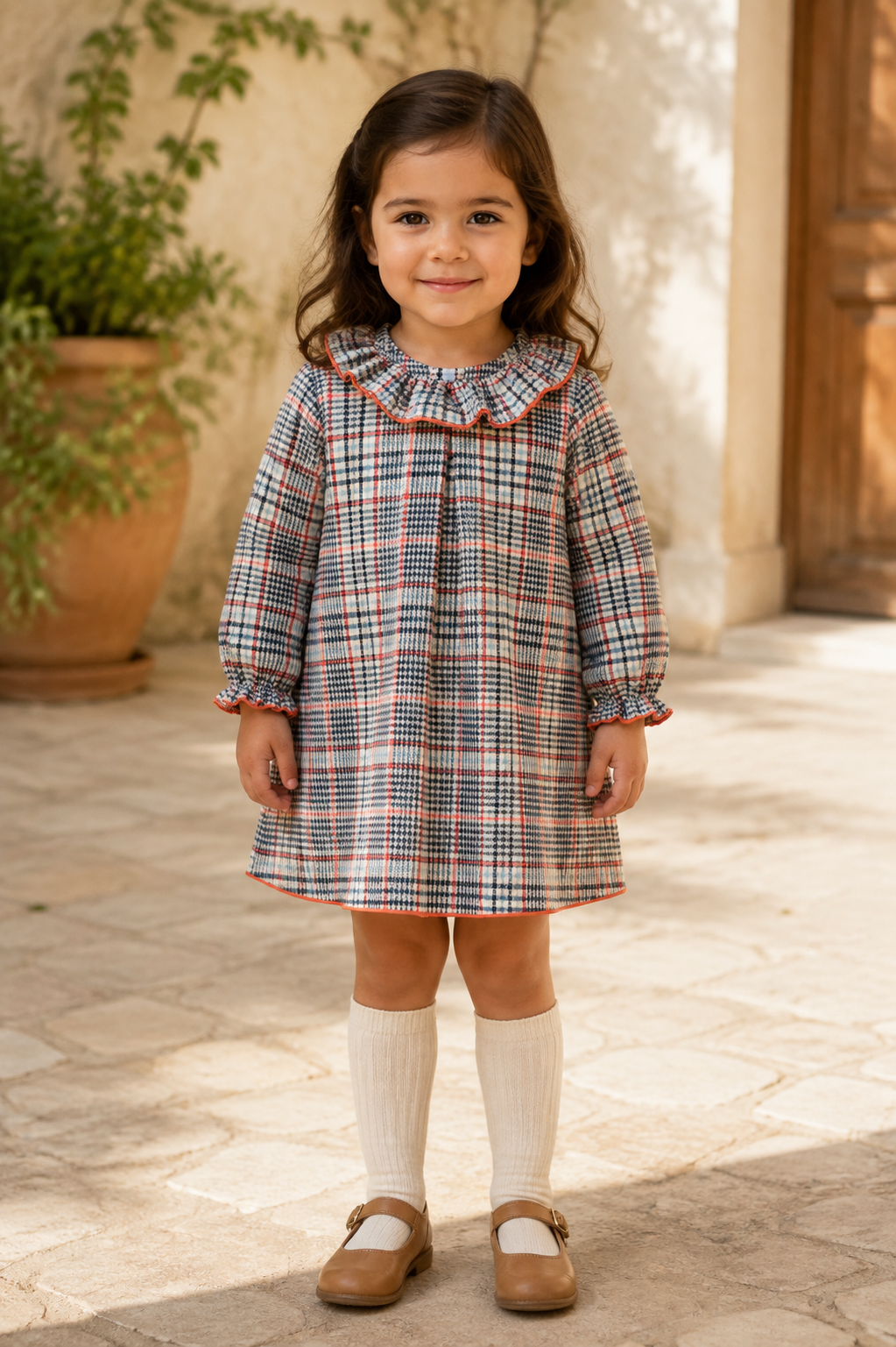 Calamaro Tietar girls navy blue and rust check A-line dress front view
