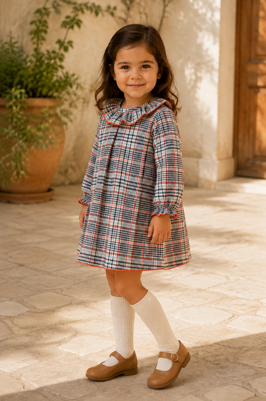 Calamaro Tietar girls check dress with ruffle collar three-quarter view