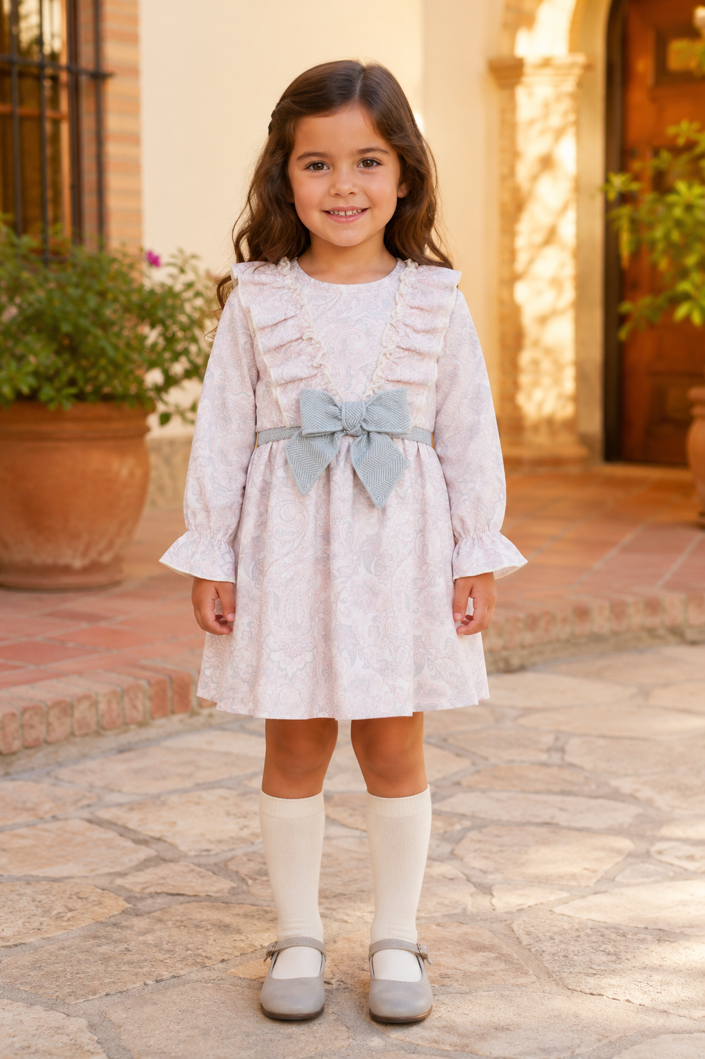 Calamaro Turia girls pink paisley dress with grey herringbone bow front view