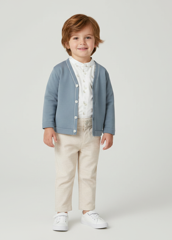 Boy wearing the complete Mayoral jade cardigan, printed shirt and checked trouser outfit