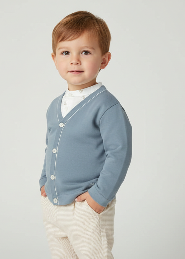Boy wearing the Mayoral printed shirt and pale checked trousers with jade cardigan