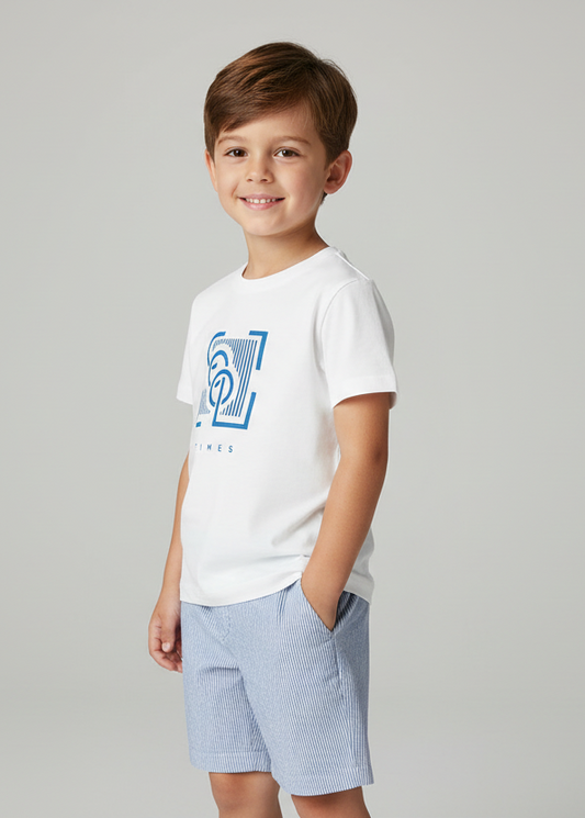 Boy wearing Mayoral navy and white stripe shorts set 3201