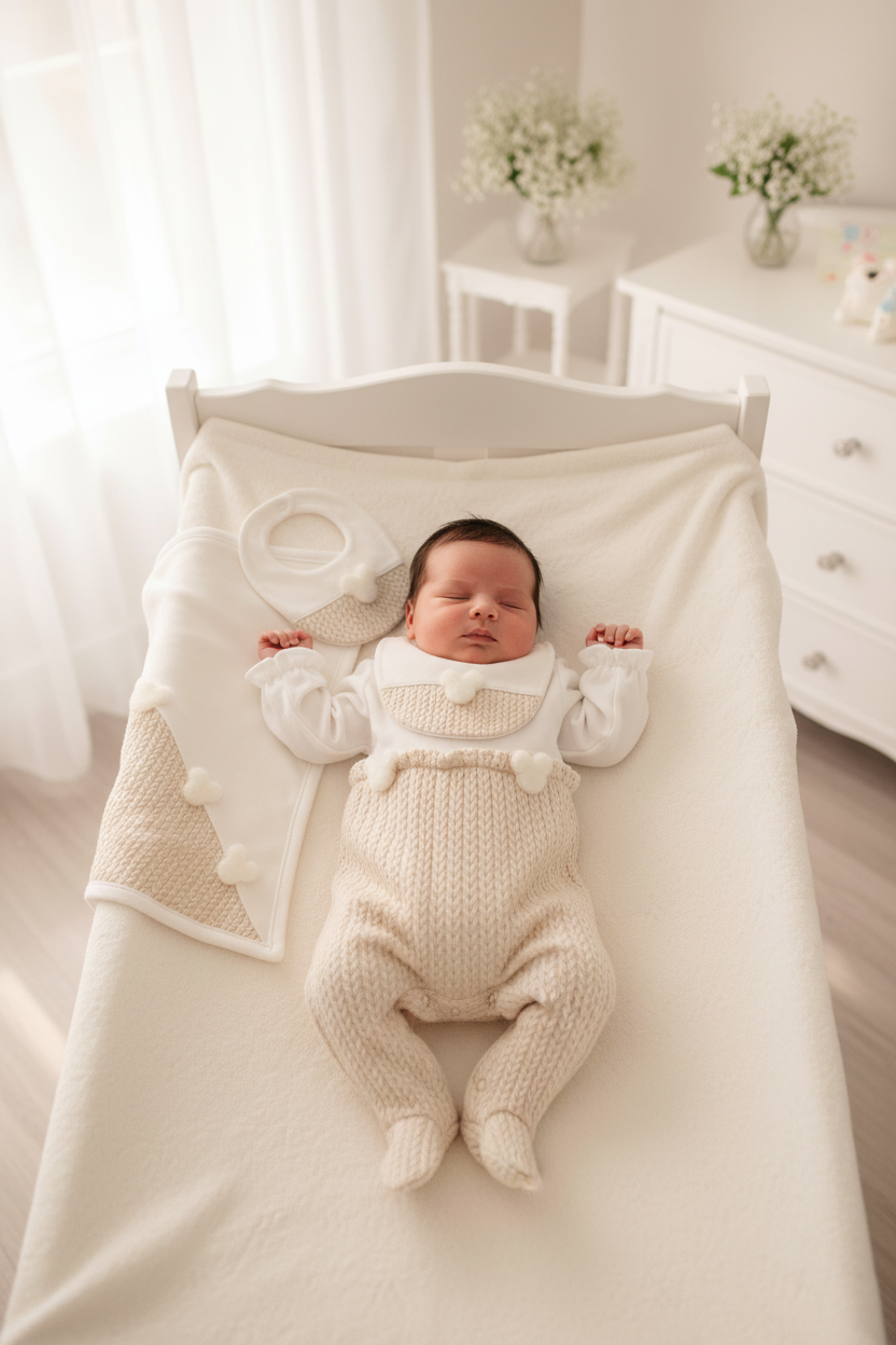 Cream Cable-Knit Babygrow Set on Baby Girl