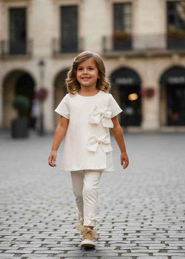 Cream top with bows and leggings on a little girl in city setting