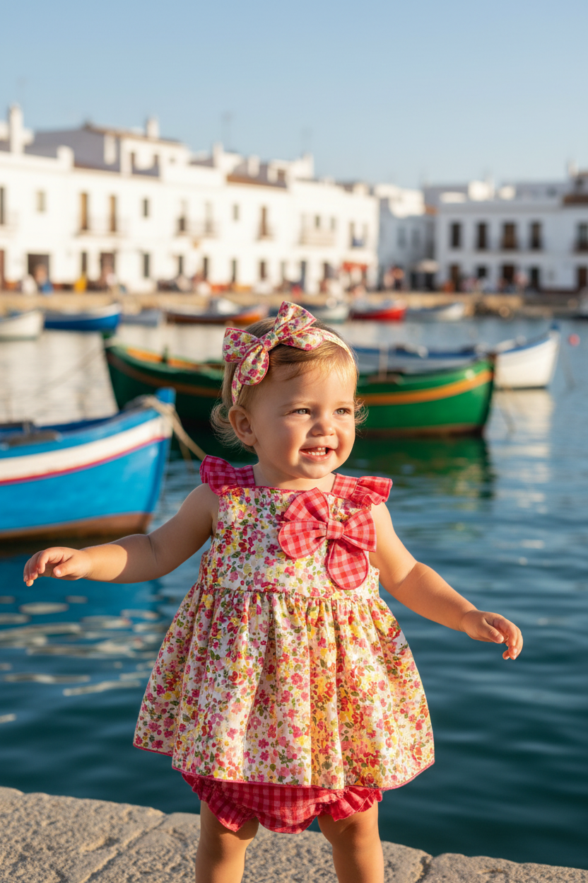 Cuka Flores baby girls multicolour floral dress and knickers by the harbour
