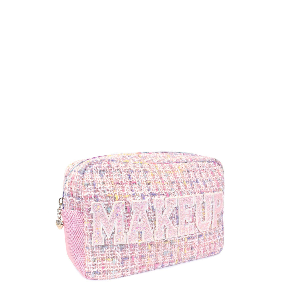 Detail view of OMG Accessories Makeup pastel tweed pouch