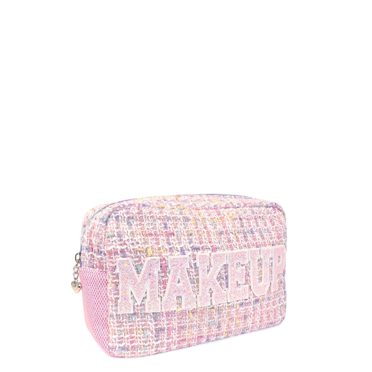 Detail view of OMG Accessories Makeup pastel tweed pouch