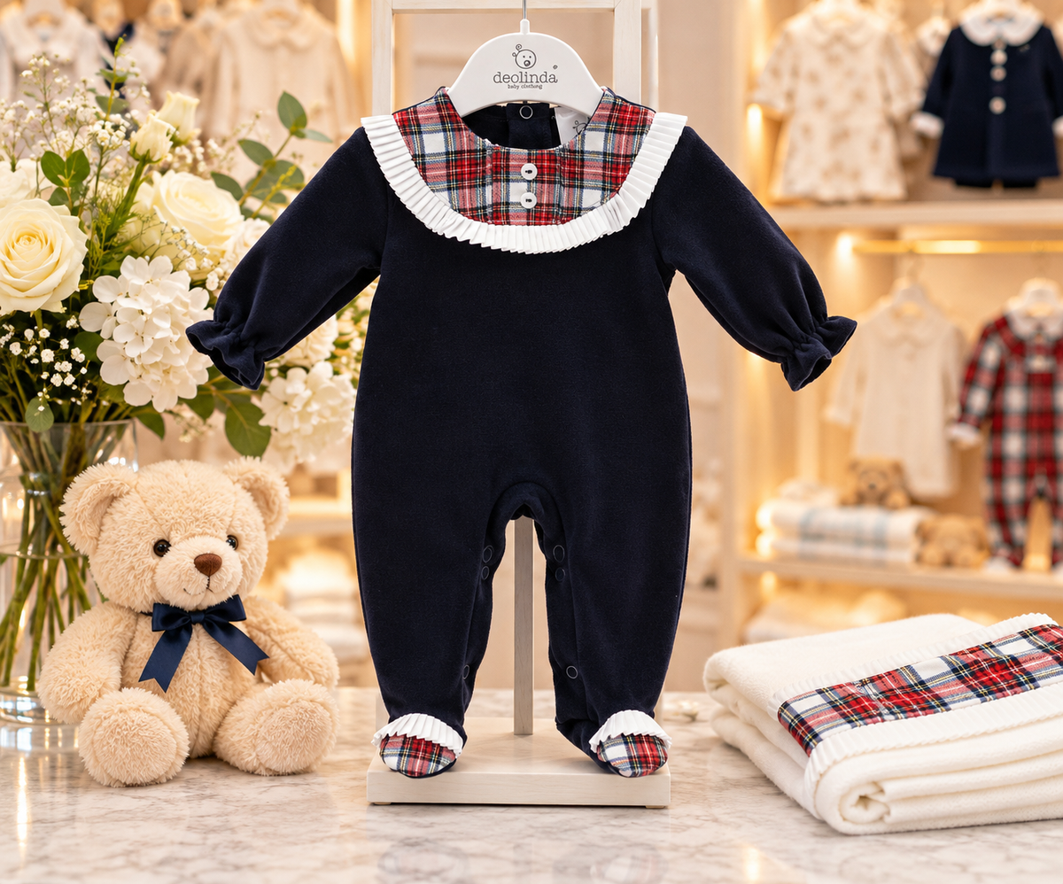 Deolinda Alaska girls navy tartan babygrow in the Niños Y Niñas boutique style