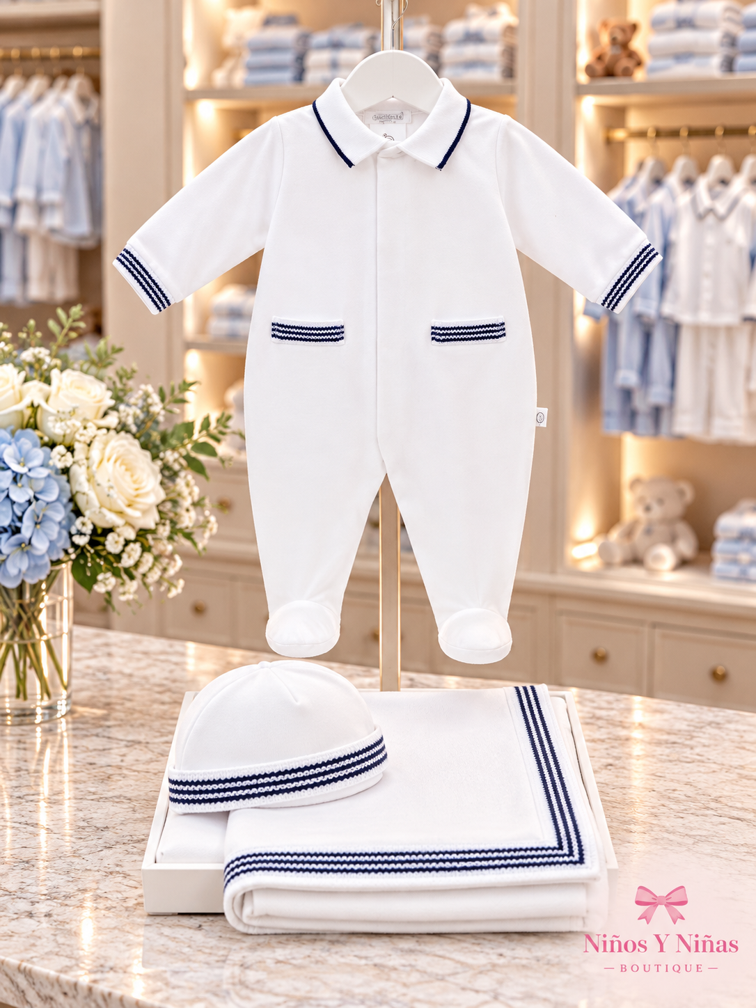 Deolinda Astra boys white babygrow with navy trim in the Niños Y Niñas boutique style