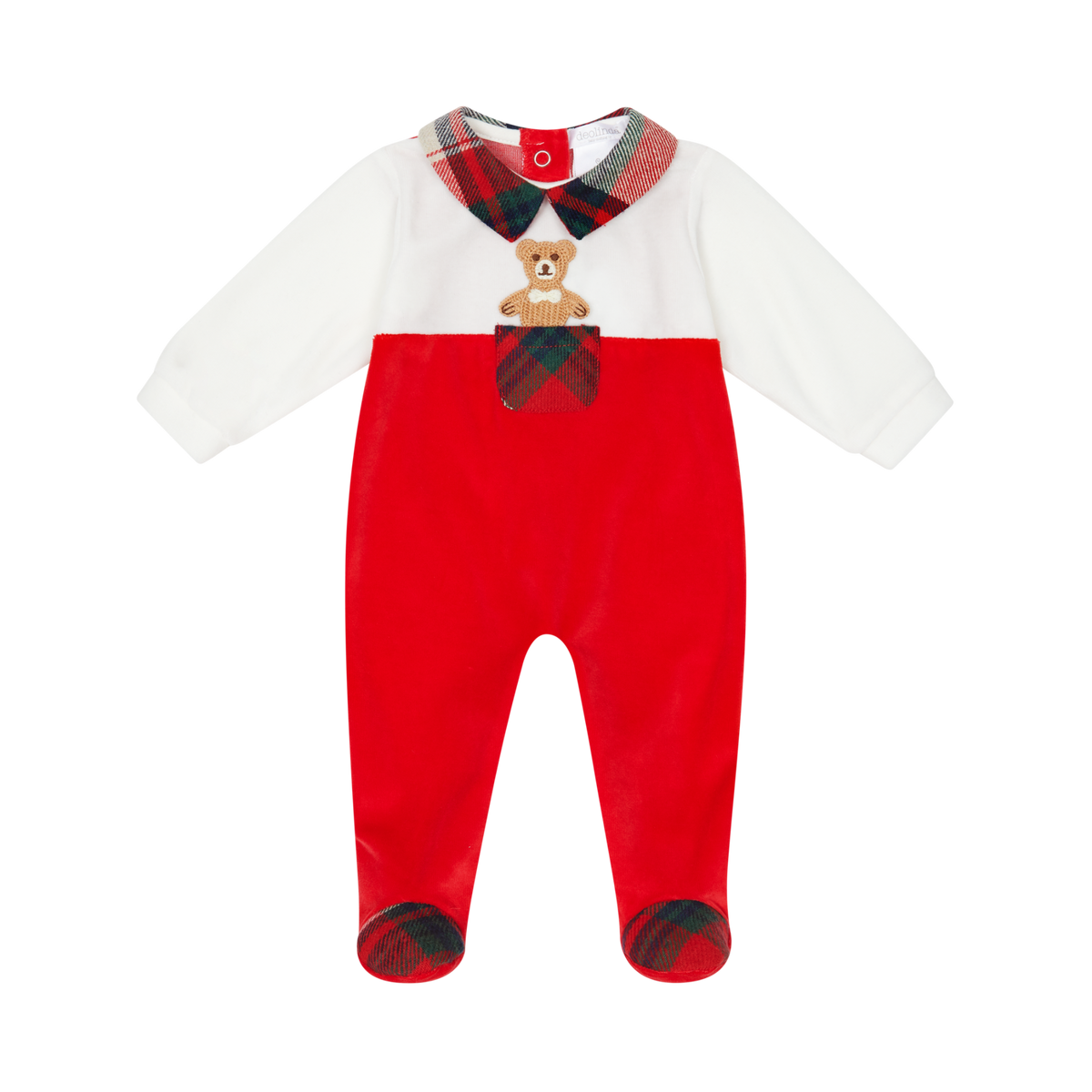 Deolinda Christmas boys ivory and red velour babygrow with tartan collar and teddy pocket detail