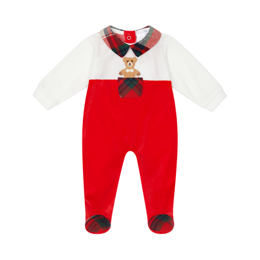 Deolinda Christmas boys ivory and red velour babygrow with tartan collar and teddy pocket detail